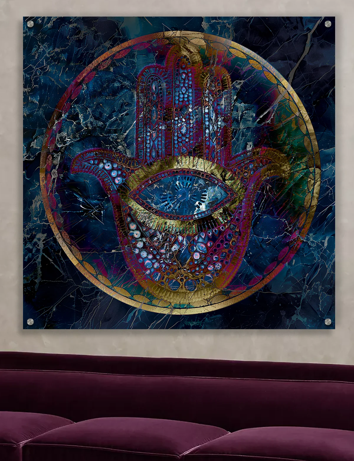 Hamsa Judaica metal wall art by NYC artist Mindy Lehmann – modern Hamsa symbol on metal, available 15–48 in